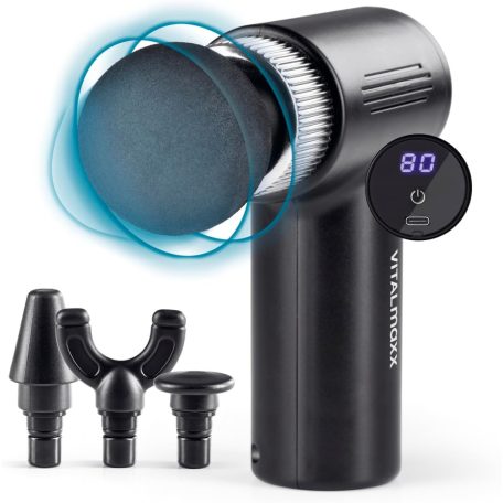 VITALmaxx Mini Massage Gun masszázspisztoly, akkus, vezeték nélküli masszírozó pisztoly 4-féle cserélhető fejjel, 6 fokozattal fekete színben, 2060 impulzus / perc (487611)