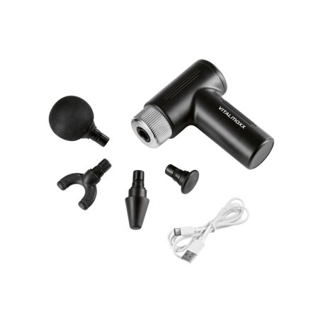 VITALmaxx Mini Massage Gun masszázspisztoly, akkus, vezeték nélküli masszírozó pisztoly 4-féle cserélhető fejjel, 6 fokozattal fekete színben, 2060 impulzus / perc (487611)