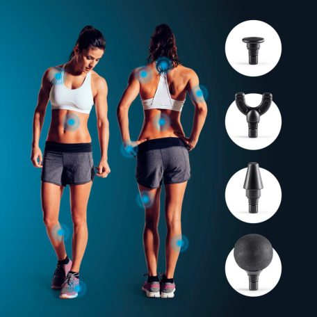 VITALmaxx Mini Massage Gun masszázspisztoly, akkus, vezeték nélküli masszírozó pisztoly 4-féle cserélhető fejjel, 6 fokozattal fekete színben, 2060 impulzus / perc (487611)