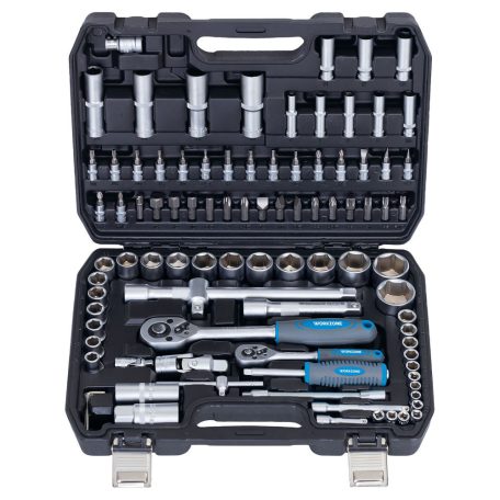 WorkZone / ParkSide Mixed Socket Set 94 részes 1/4" - 1/2" 4 - 32 mm CR-V dugókulcs és bit készlet, racsnis krovakészlet kofferben