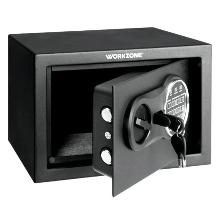 WorkZone 828465 digitális széf, 20 x 31 x 20 cm számkódos, elektronikus bútorszéf, értékszéf 1 polccal, 8.6L kapacitással, 2 vésznyitó kulccsal