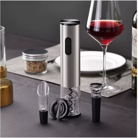 Ambiano W-021 inox  / antracit elektromos dugóhúzó / bornyító készlet, nemesacél palacknyitó fóliavágóval, kiöntővel és vákuumdugóval