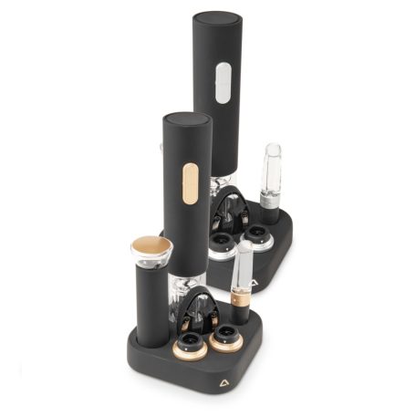 Ambiano W-024 SZETT fekete-ezüst / fekete-arany elektromos dugóhúzó / bornyító készlet fóliavágóval, kiöntővel, vákuumpumpával és 2 db vákuumdugóval, praktikus tároló állványon