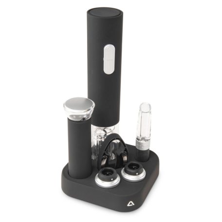 Ambiano W-024 SZETT fekete-ezüst / fekete-arany elektromos dugóhúzó / bornyító készlet fóliavágóval, kiöntővel, vákuumpumpával és 2 db vákuumdugóval, praktikus tároló állványon