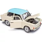 Welly NEX 24037S-W 1:24 15 cm kétütemű Trabant 601 kék tetős fehér (törtfehér, vajszínű, Papyrus, Papyrusweiß) 2T Trabi fém modell autó kék tetővel, nyitható motorháztetővel