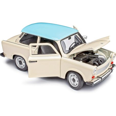 Welly NEX 24037S-W 1:24 15 cm kétütemű Trabant 601 kék tetős fehér (törtfehér, vajszínű, Papyrus, Papyrusweiß) 2T Trabi fém modell autó kék tetővel, nyitható motorháztetővel