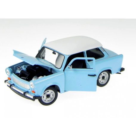 Welly 24037WBL 1:24 15cm kétütemű Trabant 601 kék 2T Trabi fém modell autó fehér tetővel, nyitható motorháztetővel