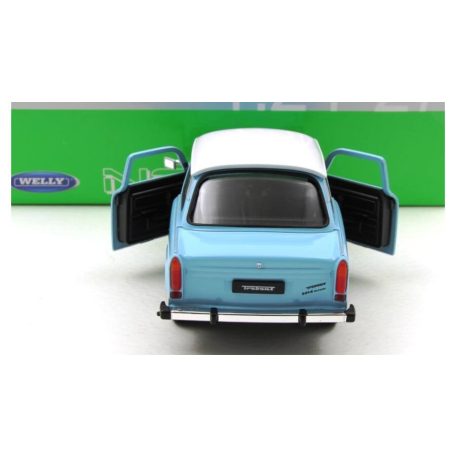 Welly 24037WBL 1:24 15cm kétütemű Trabant 601 kék 2T Trabi fém modell autó fehér tetővel, nyitható motorháztetővel