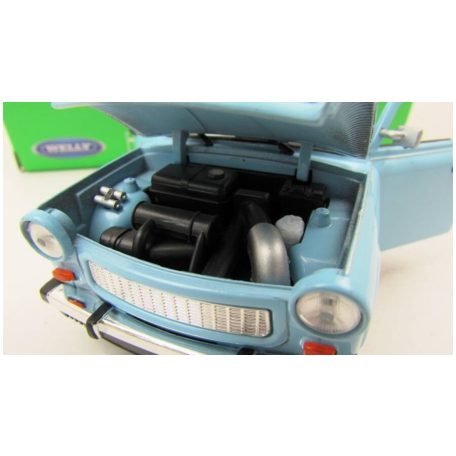 Welly 24037WBL 1:24 15cm kétütemű Trabant 601 kék 2T Trabi fém modell autó fehér tetővel, nyitható motorháztetővel