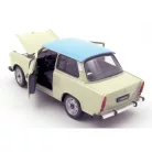 Welly NEX 24037S-W 1:24 15 cm kétütemű Trabant 601 kék tetős fehér (törtfehér, vajszínű, Papyrus, Papyrusweiß) 2T Trabi fém modell autó kék tetővel, nyitható motorháztetővel