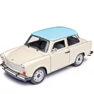 Welly NEX 24037S-W 1:24 15 cm kétütemű Trabant 601 kék tetős fehér (törtfehér, vajszínű, Papyrus, Papyrusweiß) 2T Trabi fém modell autó kék tetővel, nyitható motorháztetővel