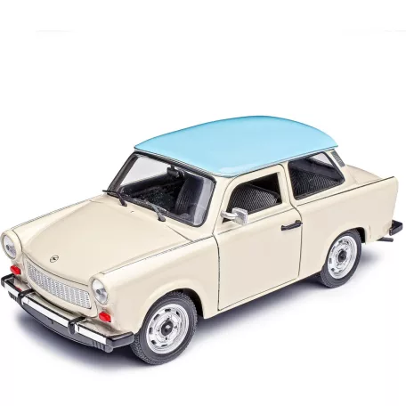Welly NEX 24037S-W 1:24 15 cm kétütemű Trabant 601 kék tetős fehér (törtfehér, vajszínű, Papyrus, Papyrusweiß) 2T Trabi fém modell autó kék tetővel, nyitható motorháztetővel