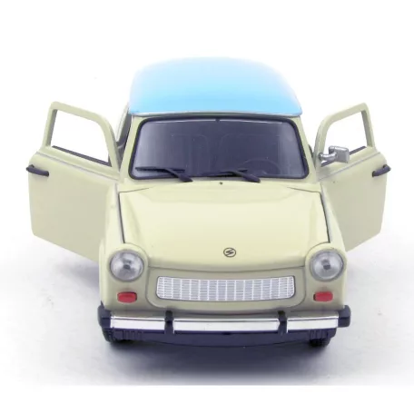 Welly NEX 24037S-W 1:24 15 cm kétütemű Trabant 601 kék tetős fehér (törtfehér, vajszínű, Papyrus, Papyrusweiß) 2T Trabi fém modell autó kék tetővel, nyitható motorháztetővel