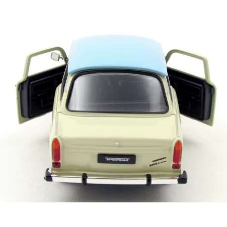 Welly NEX 24037S-W 1:24 15 cm kétütemű Trabant 601 kék tetős fehér (törtfehér, vajszínű, Papyrus, Papyrusweiß) 2T Trabi fém modell autó kék tetővel, nyitható motorháztetővel