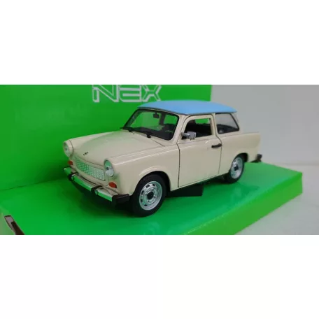 Welly NEX 24037S-W 1:24 15 cm kétütemű Trabant 601 kék tetős fehér (törtfehér, vajszínű, Papyrus, Papyrusweiß) 2T Trabi fém modell autó kék tetővel, nyitható motorháztetővel