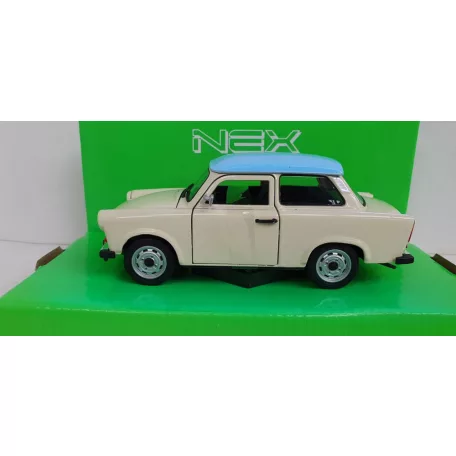 Welly NEX 24037S-W 1:24 15 cm kétütemű Trabant 601 kék tetős fehér (törtfehér, vajszínű, Papyrus, Papyrusweiß) 2T Trabi fém modell autó kék tetővel, nyitható motorháztetővel