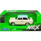 Welly NEX 24037S-W 1:24 15 cm kétütemű Trabant 601 kék tetős fehér (törtfehér, vajszínű, Papyrus, Papyrusweiß) 2T Trabi fém modell autó kék tetővel, nyitható motorháztetővel