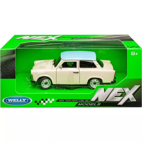 Welly NEX 24037S-W 1:24 15 cm kétütemű Trabant 601 kék tetős fehér (törtfehér, vajszínű, Papyrus, Papyrusweiß) 2T Trabi fém modell autó kék tetővel, nyitható motorháztetővel