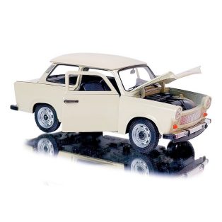   Welly 24037W 1:24 15cm kétütemű Trabant 601 fehér (törtfehér, vajszínű, Papyrus, Papyrusweiß) 2T Trabi fém modell autó nyitható motorháztetővel