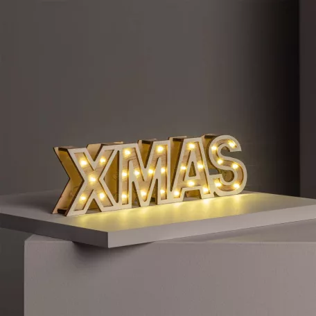 Decorative Lightning 38 cm natúr fa elemes, világító LED-es XMAS felirat, karácsonyi dekoráció 25 db melegfehér LED-el