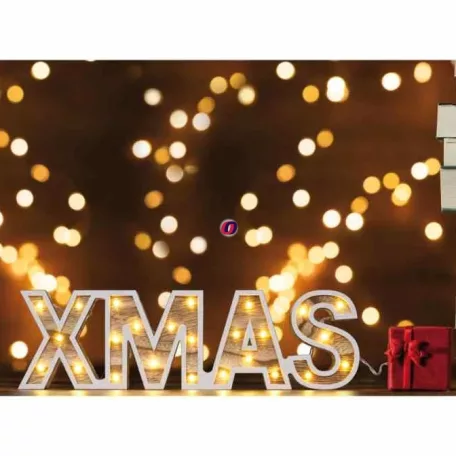 Decorative Lightning 38 cm natúr fa elemes, világító LED-es XMAS felirat, karácsonyi dekoráció 25 db melegfehér LED-el