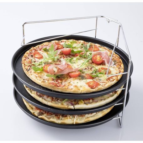 Zenker Pizza Pan Set - 3 szintes 29 cm pizzasütő serpenyő készlet, pizzakészlet ILAG teflon bevonattal, inox állvánnyal