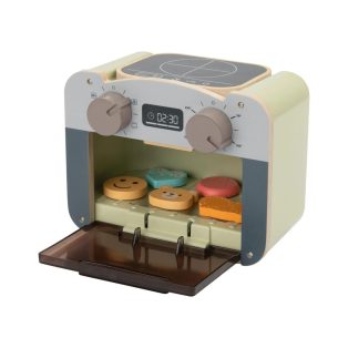   lupilu / PlayTive Premium Oven elektromos sütő (elemes, bekapcsolható) játék fa minisütő fény és hang funkcióval, színváltó élelmiszerekkel