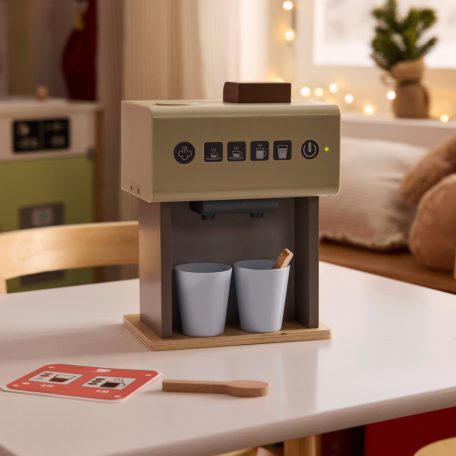 lupilu / PlayTive Premium Coffee Maker elektromos (elemes, bekapcsolható) játék fa kávéfőző fény, hang és gőz funkcióval, csészékkel, kanalakkal, érintőgombokkal