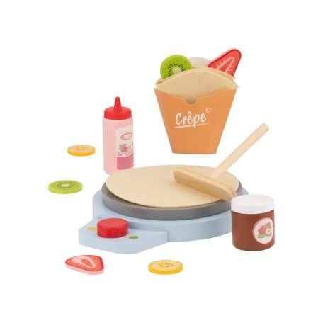 lupilu / PlayTive Toy Crepe Maker, 13 részes játék fa elektromos lapacsintasütő készlet gyerekeknek sziruppal, nugátkrémmel, 2 filc palacsintával, gyümölcsökkel, tasakkal és simítóval