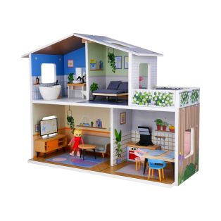   lupilu / PlayTive Mini fa babaház, 53 x 40 x 20 cm kétszintes, modern babaház fából, 26 db kiegészítővel és 1 db babával