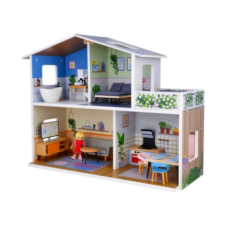 lupilu / PlayTive Mini fa babaház, 53 x 40 x 20 cm kétszintes, modern babaház fából, 26 db kiegészítővel és 1 db babával