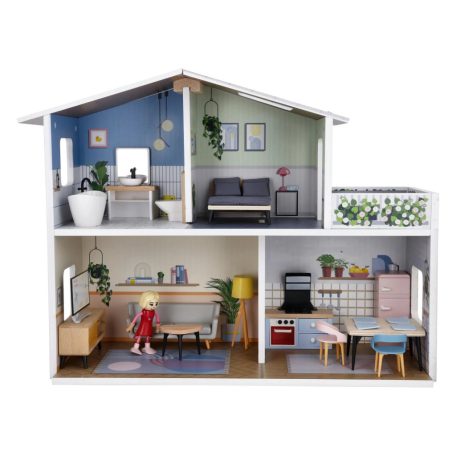 lupilu / PlayTive Mini fa babaház, 53 x 40 x 20 cm kétszintes, modern babaház fából, 26 db kiegészítővel és 1 db babával