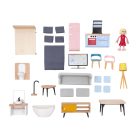 lupilu / PlayTive Mini fa babaház, 53 x 40 x 20 cm kétszintes, modern babaház fából, 26 db kiegészítővel és 1 db babával