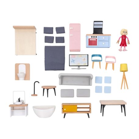 lupilu / PlayTive Mini fa babaház, 53 x 40 x 20 cm kétszintes, modern babaház fából, 26 db kiegészítővel és 1 db babával