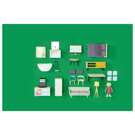 lupilu / PlayTive Mini fa babaház, 53 x 40 x 20 cm kétszintes, modern babaház fából, 26 db kiegészítővel és 1 db babával