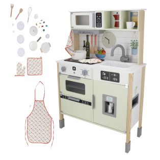   lupilu GR-2025 hangot adó, világító fa konyha 66 x 30 x 103 cm elektromos játék babakonyha hűtővel, sütővel, mikróval, mosogatógéppel, főzőlappal és kiegészítőkkel